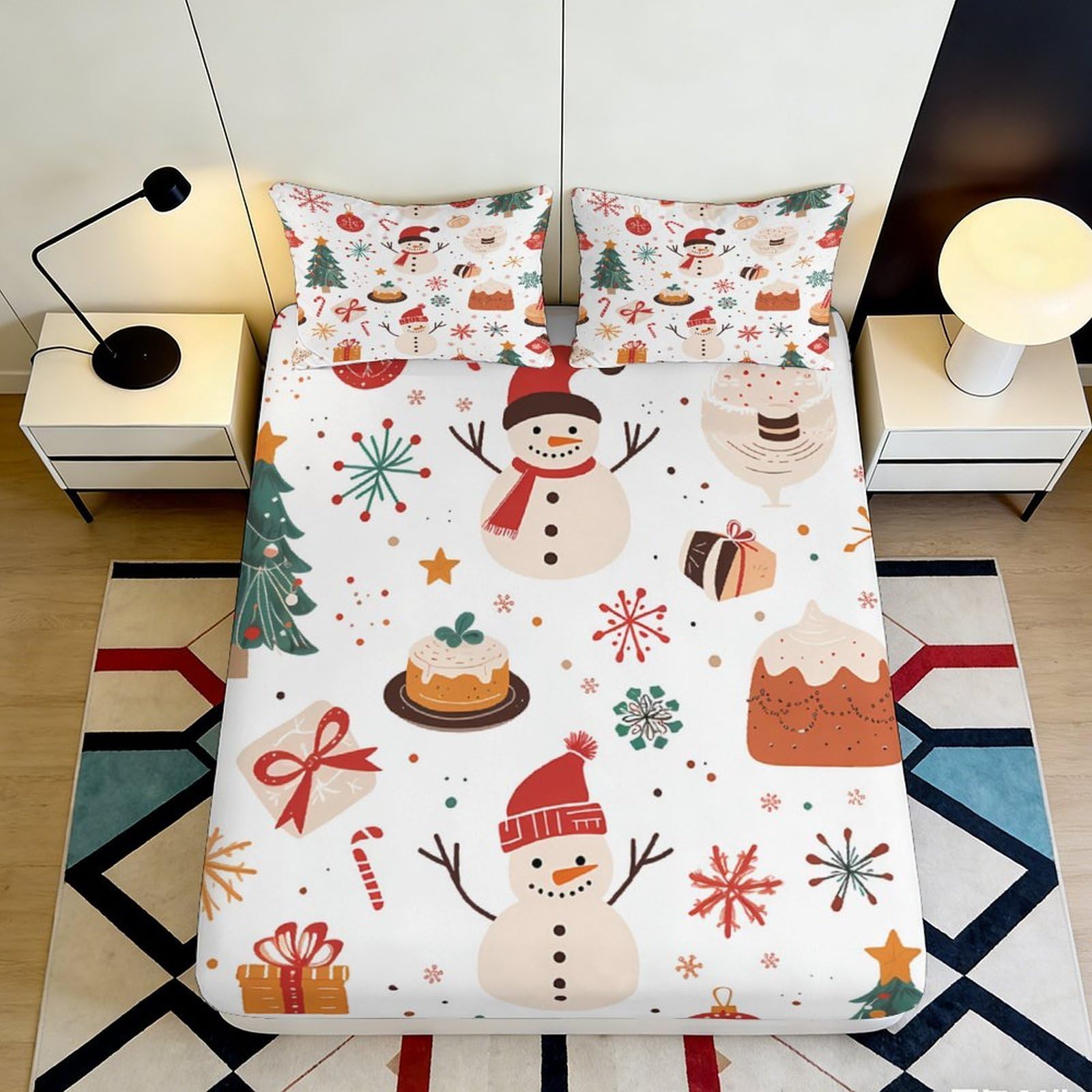 3D Printed Snowman Christmas Fitted Sheet Microfiber Soft Breathable Tree Gift Bed Cover for Bedroom Guest Room Mattress Protection Decor 140x200x25cm