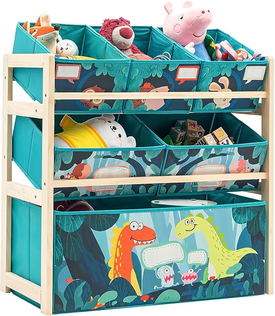 Toy Storage Organizer 3-Tier Wooden Children Storage Rack Toy Storage Unit with 6 Fabric Detachable Drawers Toy Shelves Display Stands Shelf Bookshelf Bookcase Kids Multi Cabinet for Books Toys