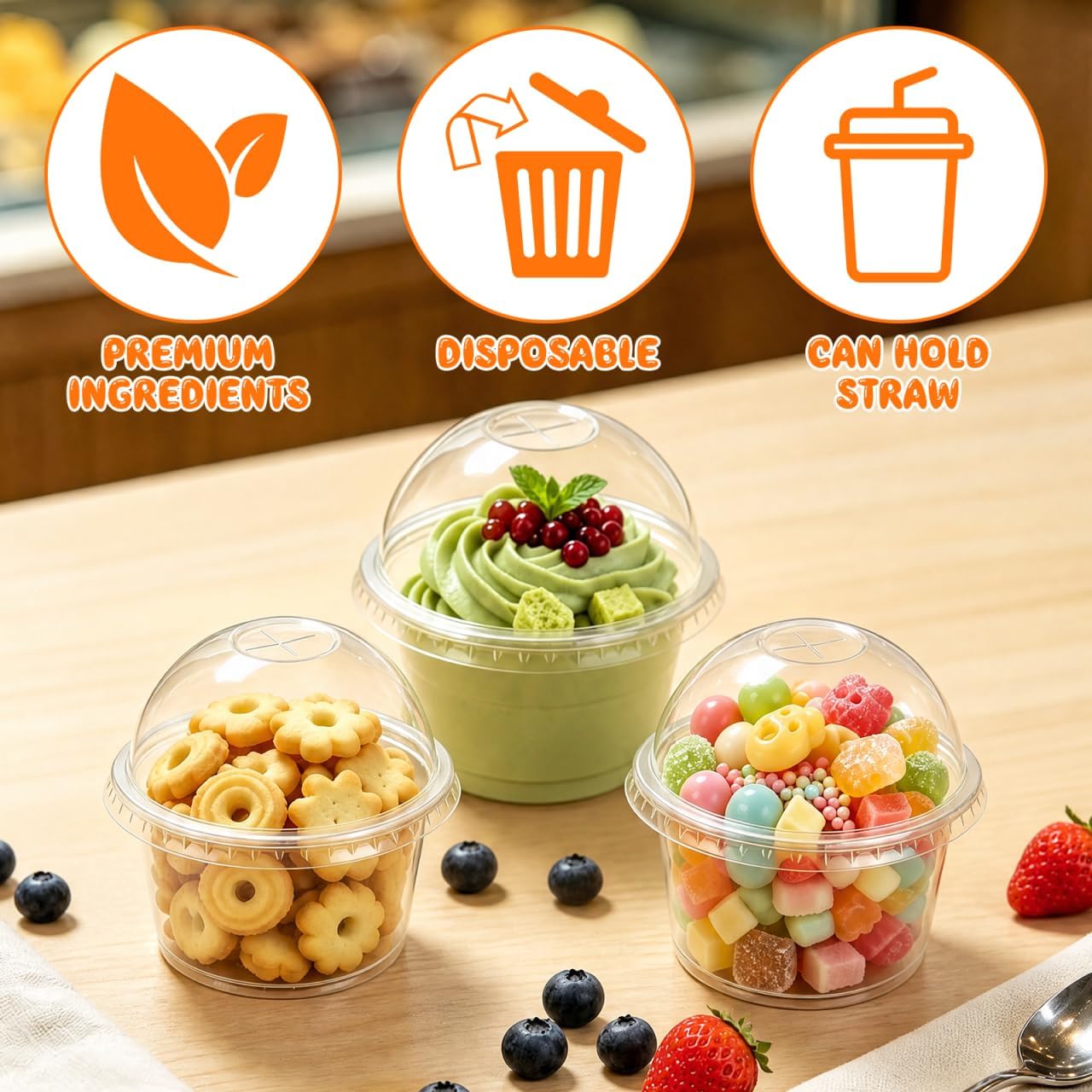 TEHAUX 20 Pack 8 oz Plastic Dessert Cups with Dome Lids, Clear Disposable Parfait Cups for Yogurt, Fruit Salad, Ice Cream, Pudding -Summer Party Wedding Picnic Catering Treat Bowls