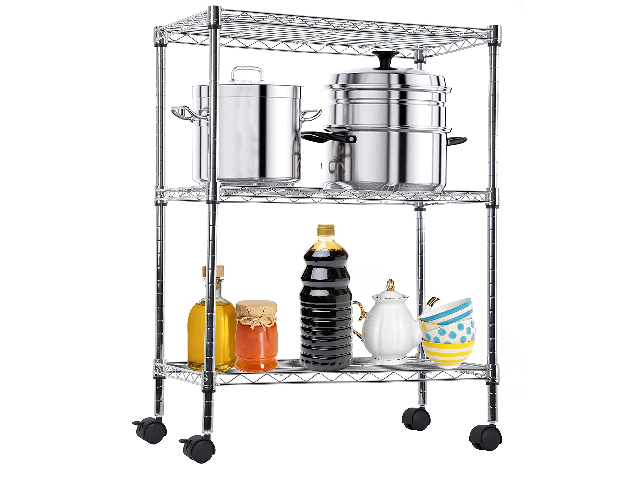 3 Tier Storage Shelves, Garage Shelving with Wheels and Adjustable Feet, Height Adjustable Metal Shelving, Wire shelving for Storage Pantry Shelf,