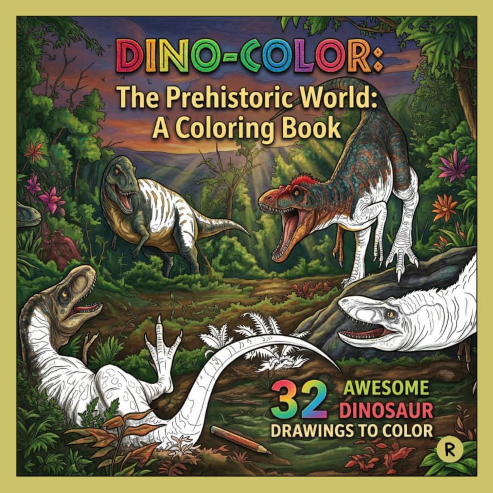 DINO-COLOR: Dinosaur Coloring Book: An Epic Dinosaur Coloring Book for Kids Ages 6-12: 32 Realistic Action Scenes in Prehistoric Nature with Detailed Wild Creatures.