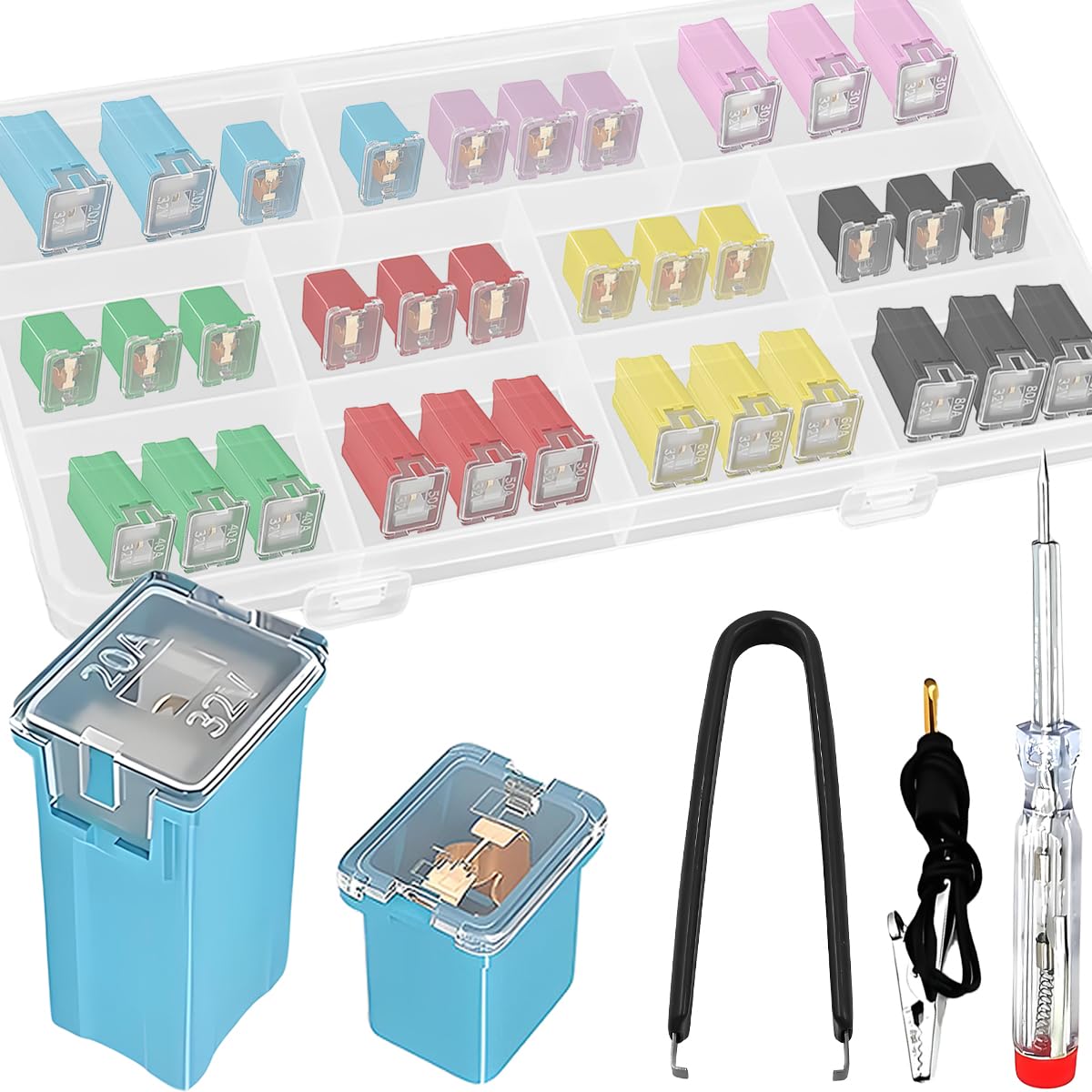 HAAMNING7 36 Pcs Automotive Box Shaped Fuse Tall/Standard and Low Profile for JCASE Box Shaped Fuse Kit 20A 30A 40A 50A 60A 80A, for Ford for Chevy/GM for Nissan for Toyota Pickup Truck Car