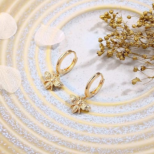 Miniatura 6 de Gold Huggie Hoop Earrings, S925 Sterling Silver Post Dangle Hoop Earrings Hypoallergenic 14K Gold Plated Small Hoop Earrings with Charms Cross Bee