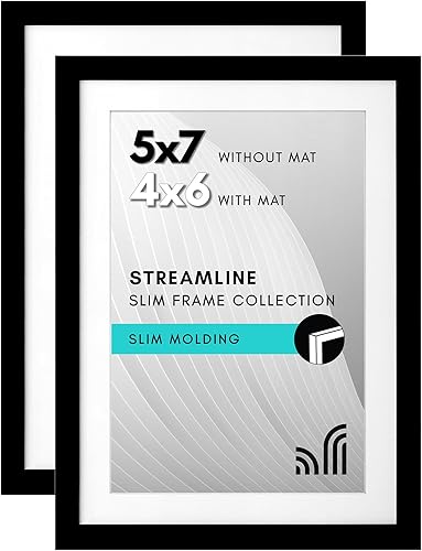 Americanflat Portarretratos de 5 x 7 pulgadas, color negro, juego de 2 unidades, para uso como marco de fotos de 4 x 6 pulgadas con paspartú o marco