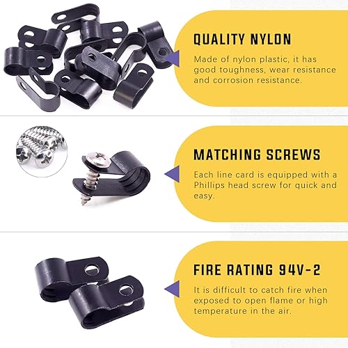 Miniatura 3 de Swpeet Paquete de 60 clips de cable tipo R de nailon negro de 516 pulgadas, clips de sujeción de cable de montaje de tornillo de nailon con 60