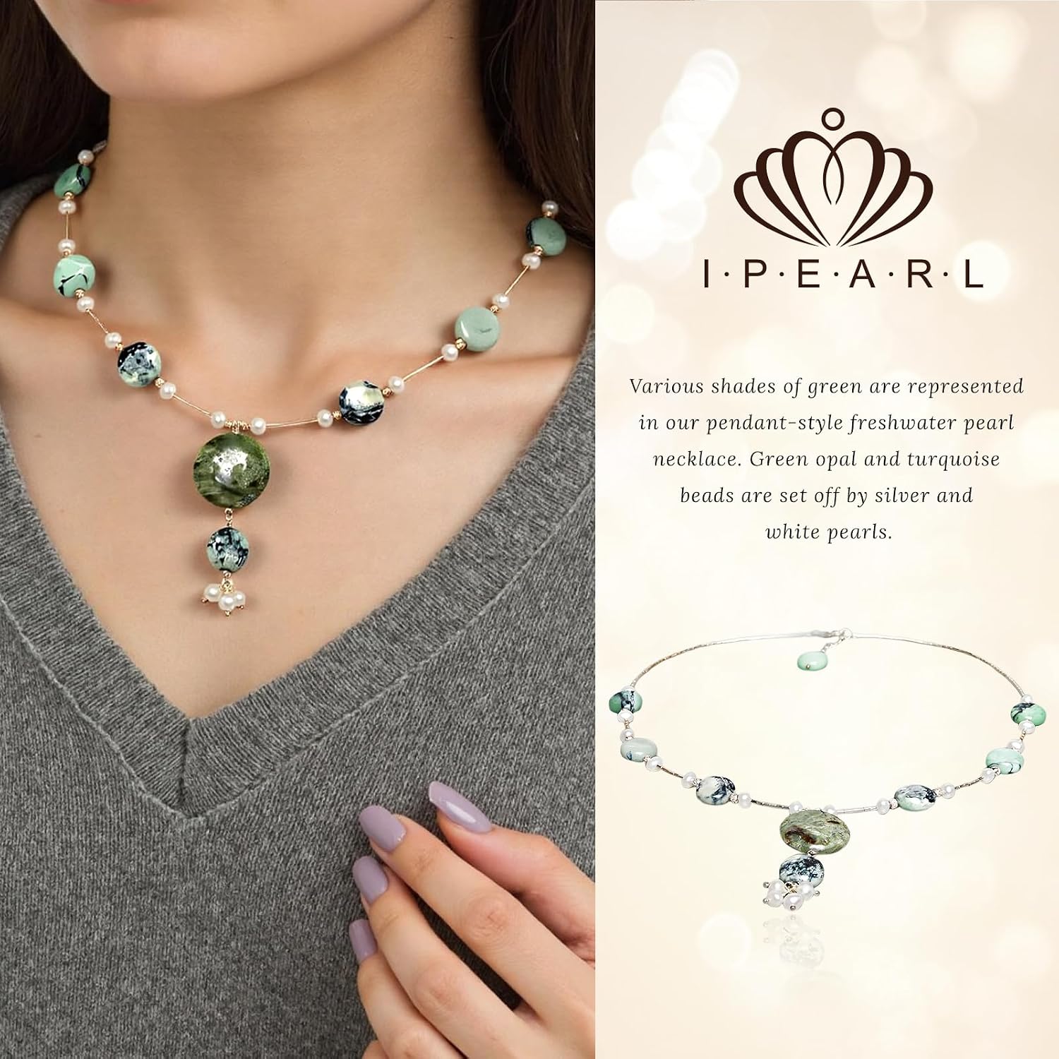 16" Freshwater Pearl Necklace - Baroque Necklace with Green Opal, Turquoise, Silver Clasp - Real Pearls Strand with Vintage Beaded Charms Luxury Jewelry Gift