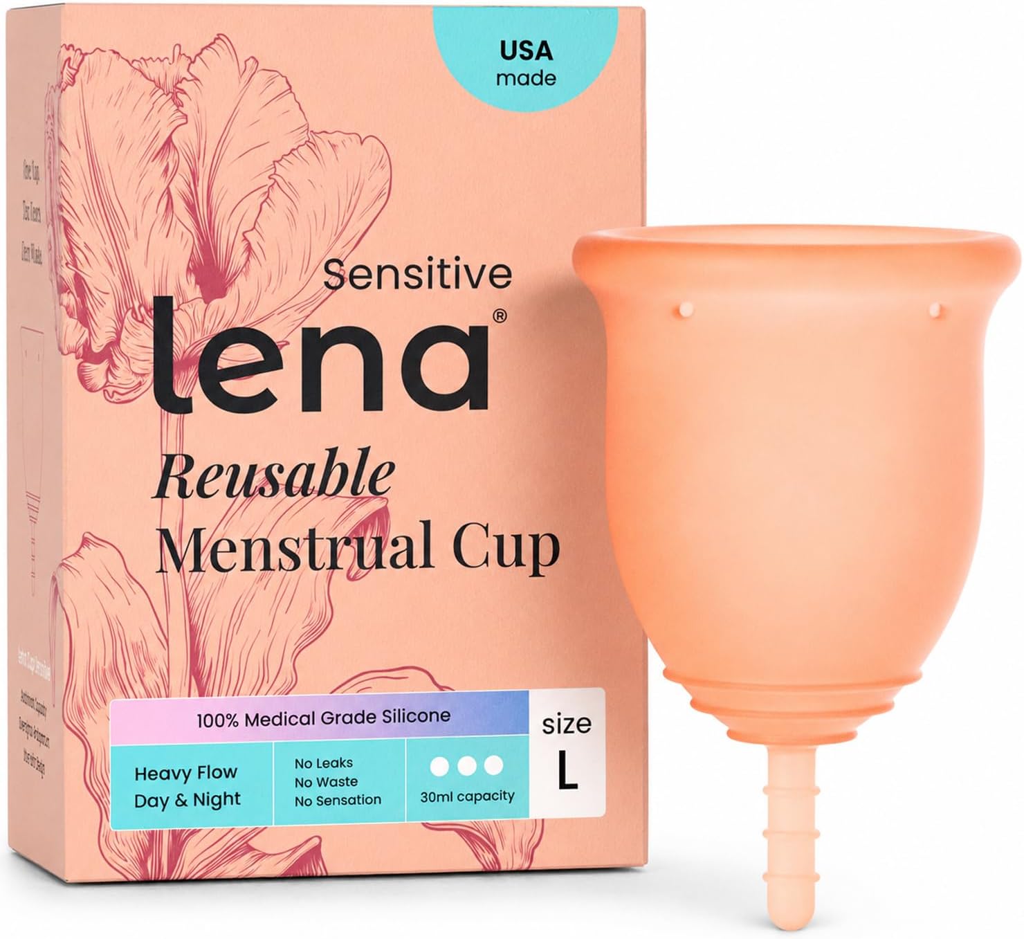 Lena Sensitive Menstrual Cup - Large - Ultra-Soft Reusable Silicone, Coral