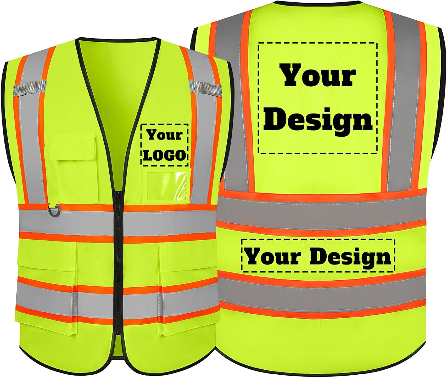 Safety Vest Customize Logo with 5 Pockets & Zipper Reflective High Visibility Vest Class 2 Outdoor Workwear