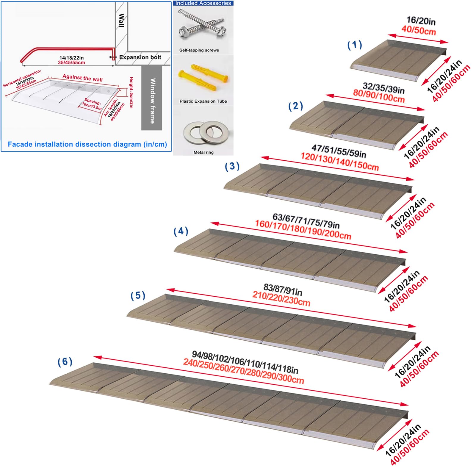 Tettoia marrone per porta in PC, copertura antipioggia, tenda da sole per finestre, tetto ad arco, resistente ai raggi UV, protezione solare, per giardino all'aperto (40 x 80 cm/16 x 32, facciata)