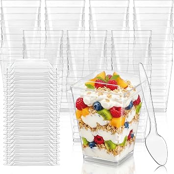 Hiasobre 5 oz Plastic Dessert Cups with Lids and Spoons, 100 Pack