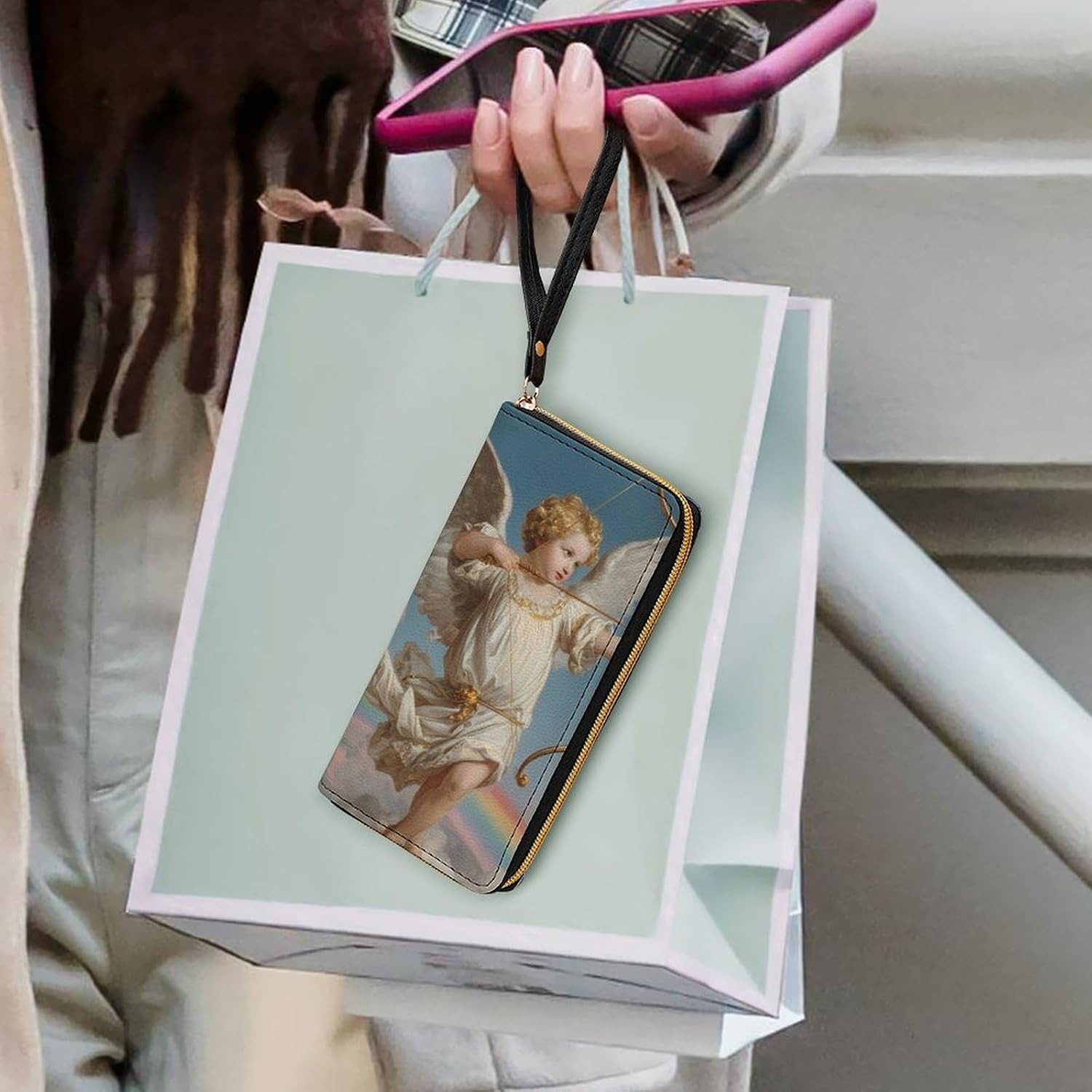 Cupid Myth Wristlet PU Leather Wallet for Women Long Purse Multi-layered Cluth Bag Handbag