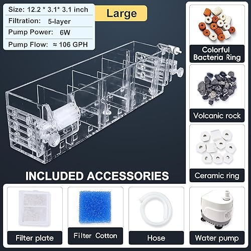 Miniatura 2 de Filtro de acuario multicapa prémium para tanques de peces de 20 a 30 galones rueda de agua oxigenante, funcionamiento de bajo ruido, suspensión de