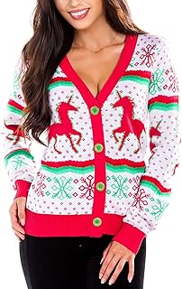 Classic Cute Cardigan Ugly Christmas Sweaters for Women with Fun Patterns and Animals - Women's Colorful White Fair Isle Unicorn Christmas Cardigan Size XX-Large