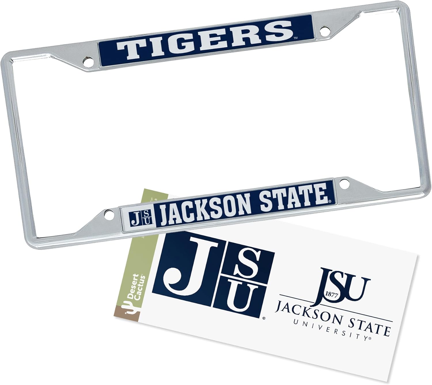 Desert Cactus Jackson State University License Plate Frame and Sticker Car Tag Holder for Front or Back of Car Officially Licensed Metal (Sticker Frame Combo - Mascot)