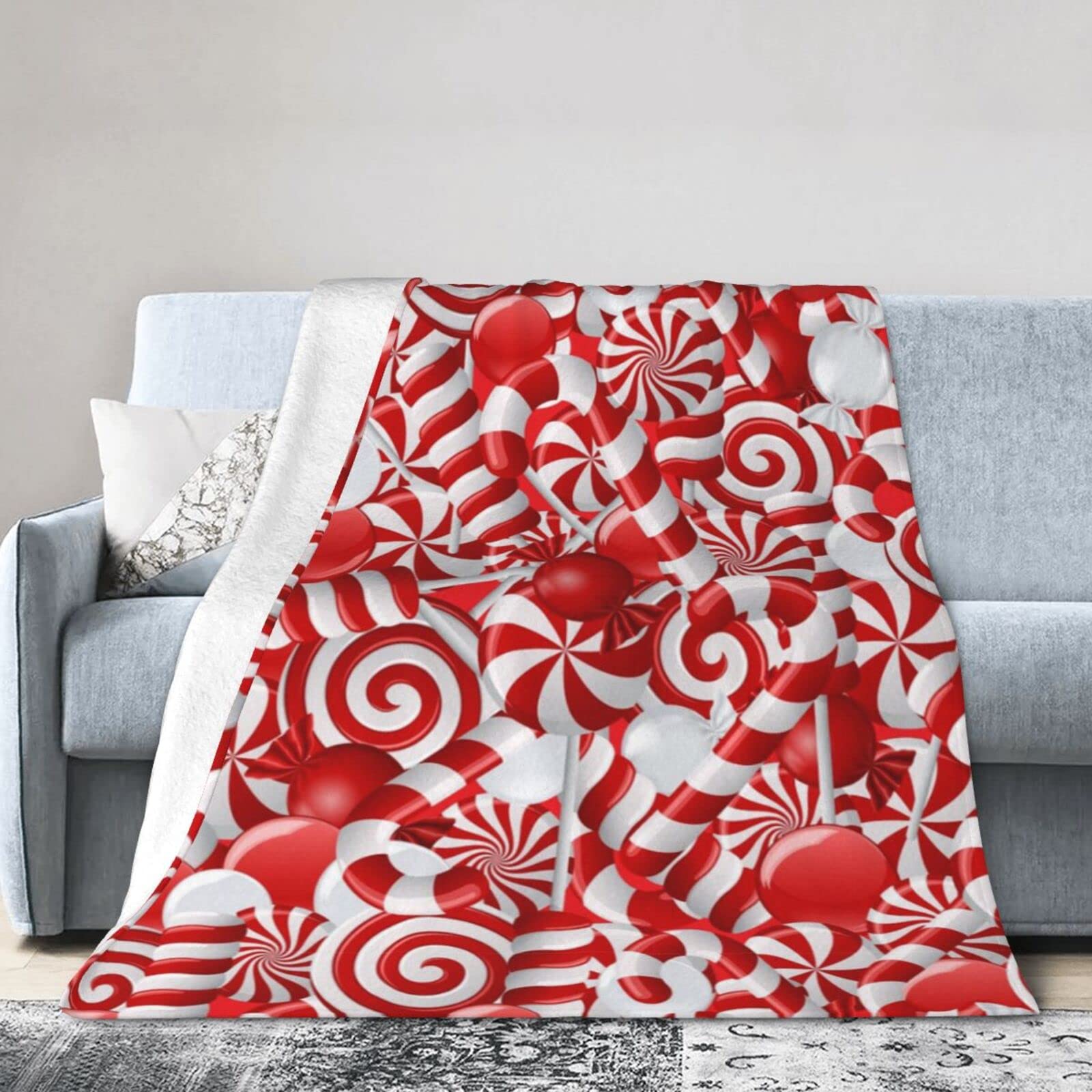 Nezih Black Cozy Flannel Blanket - Candy Canes Printed Soft Fleece Bed Blanket For Warmth And Comfort