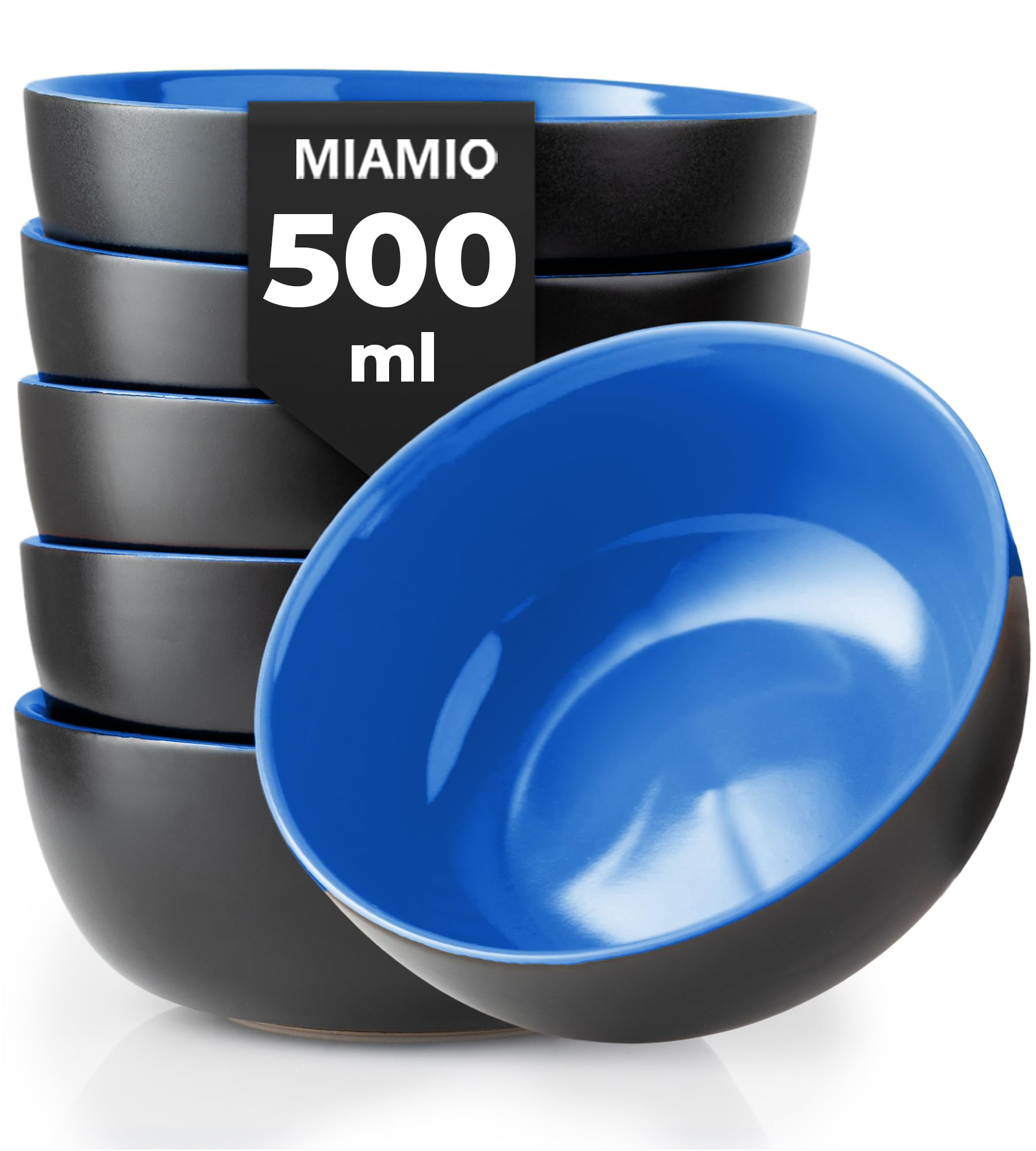 6 x 600 ml Stoneware Bowl Set Outside Black Inside Colourful - Le Papillon Collection (Blue)