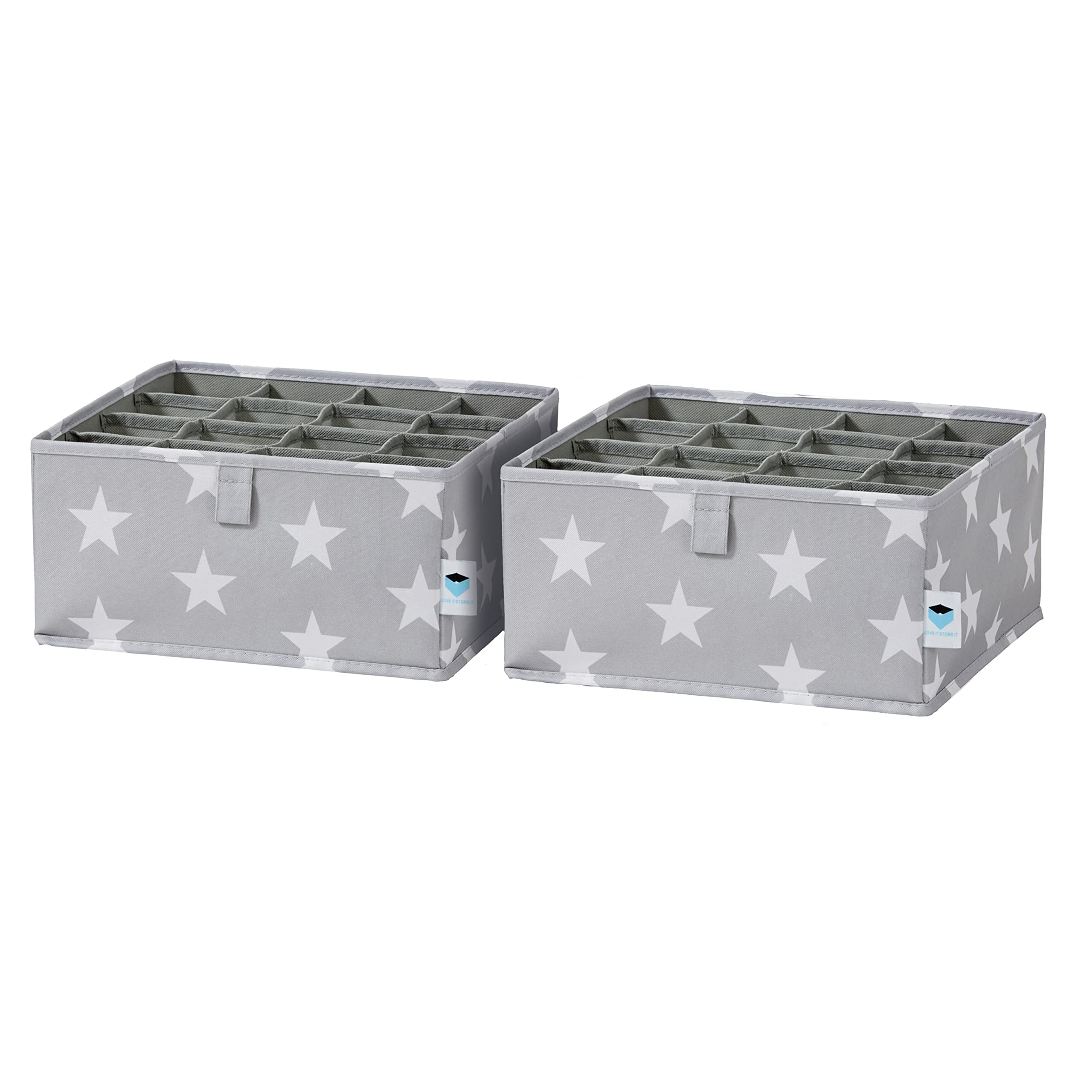 LOVE IT STORE IT Drawer Organiser, 2-Piece Fabric Organiser System, Set of 16 Compartments, Reinforced with Cardboard, Light Grey with Stars, 30 x 30 x 15 cm