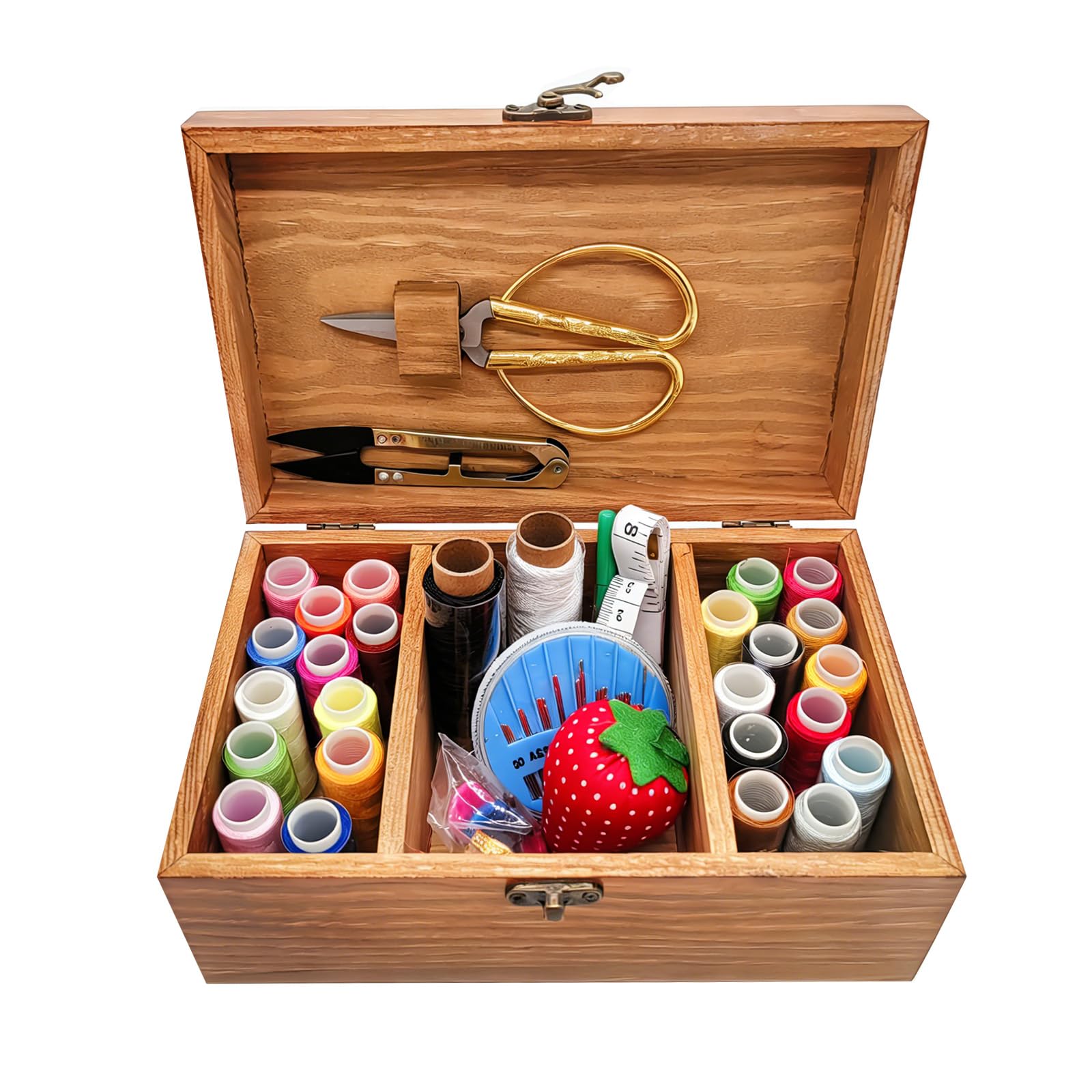 Wooden Sewing Kit Box, Wooden Sewing Basket with Sewing Kit Accessories, Home Organize Box Stitching Repair Tool Kit for Adults Beginner