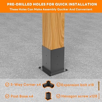 Pergola Brackets 4x4 (Actual: 3.5x3.5 In), 4 Pack Woodworks Pergola Kit 3-Way Right Angle Corner Brackets with Post Base, Powder Coated Pergola Hardware for Lumber Pergola Gazebo Sumroom Carport