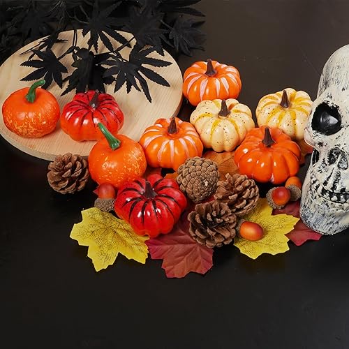 Miniatura 5 de Juego de 25 calabazas falsas de mini calabazas artificiales, kit de decoración de cosecha de otoño, hojas de arce falsas, bellotas y piñas para