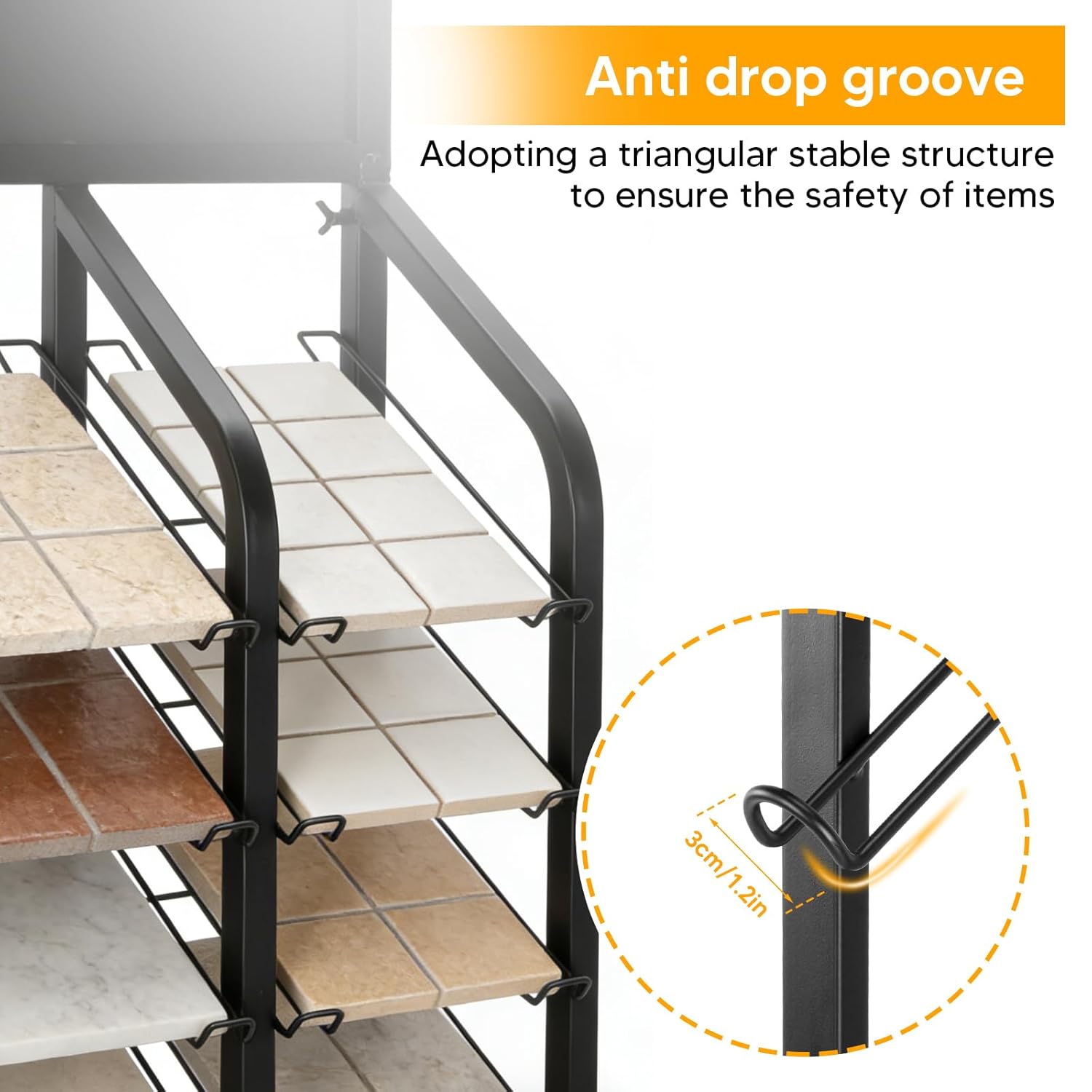 Generic Multi-Layer Floor Standing Plaque Sample Stand with 36 Card Slots Standing Metal Floor Tile Display Rack 68.1x28.7x13.8inch for Retail Stores/Trade Show