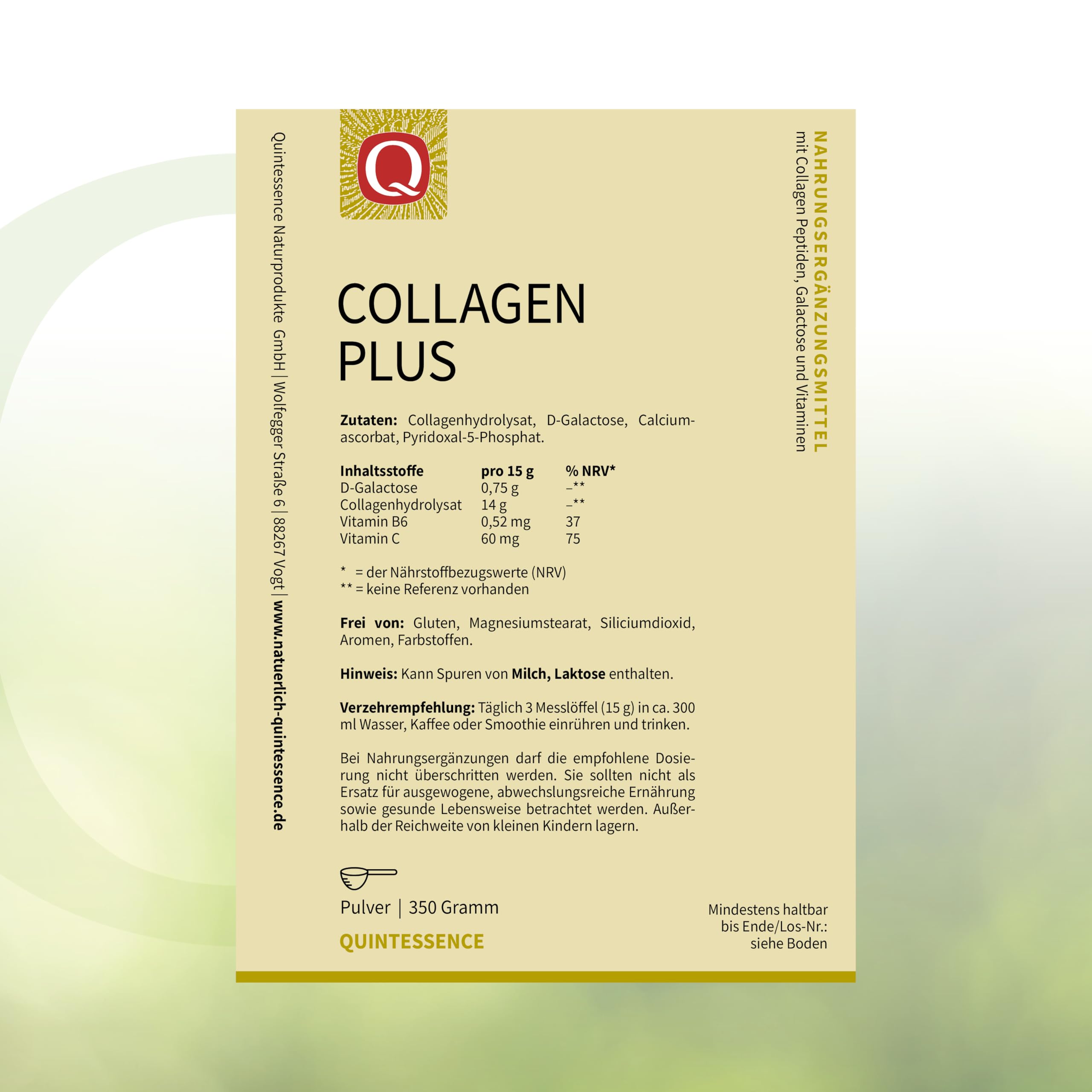 Collagen Plus Polvo 350 g – Péptidos de colágeno de pasto – Con vitamina C y vitamina B6 activa – Sin aditivos, altamente soluble y neutro, calidad premium de Quintessence