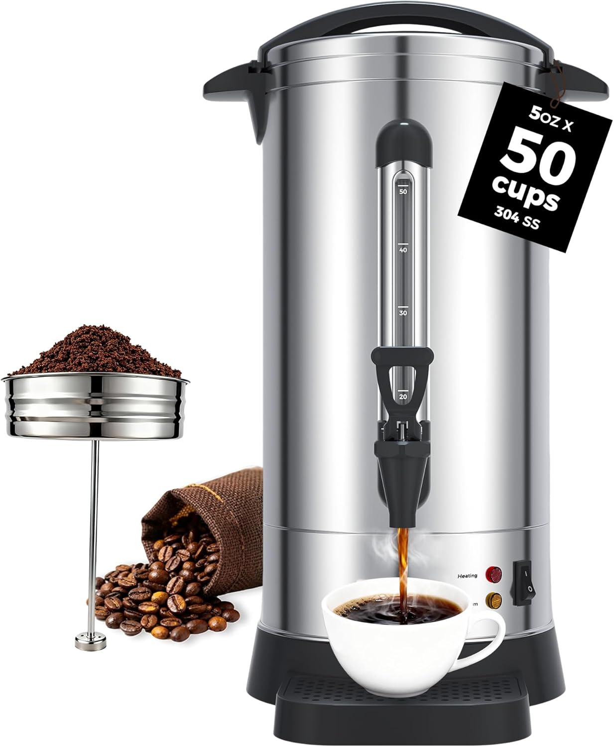OSTBA 950W Commercial Coffee Urn 50 Cup / 8.3L 304 Stainless Steel Percolator Coffee Pot, Double-Wall Hot Water Dispenser Electric Coffee Maker Fast Brewing for Home, Office, Catering & Small Events