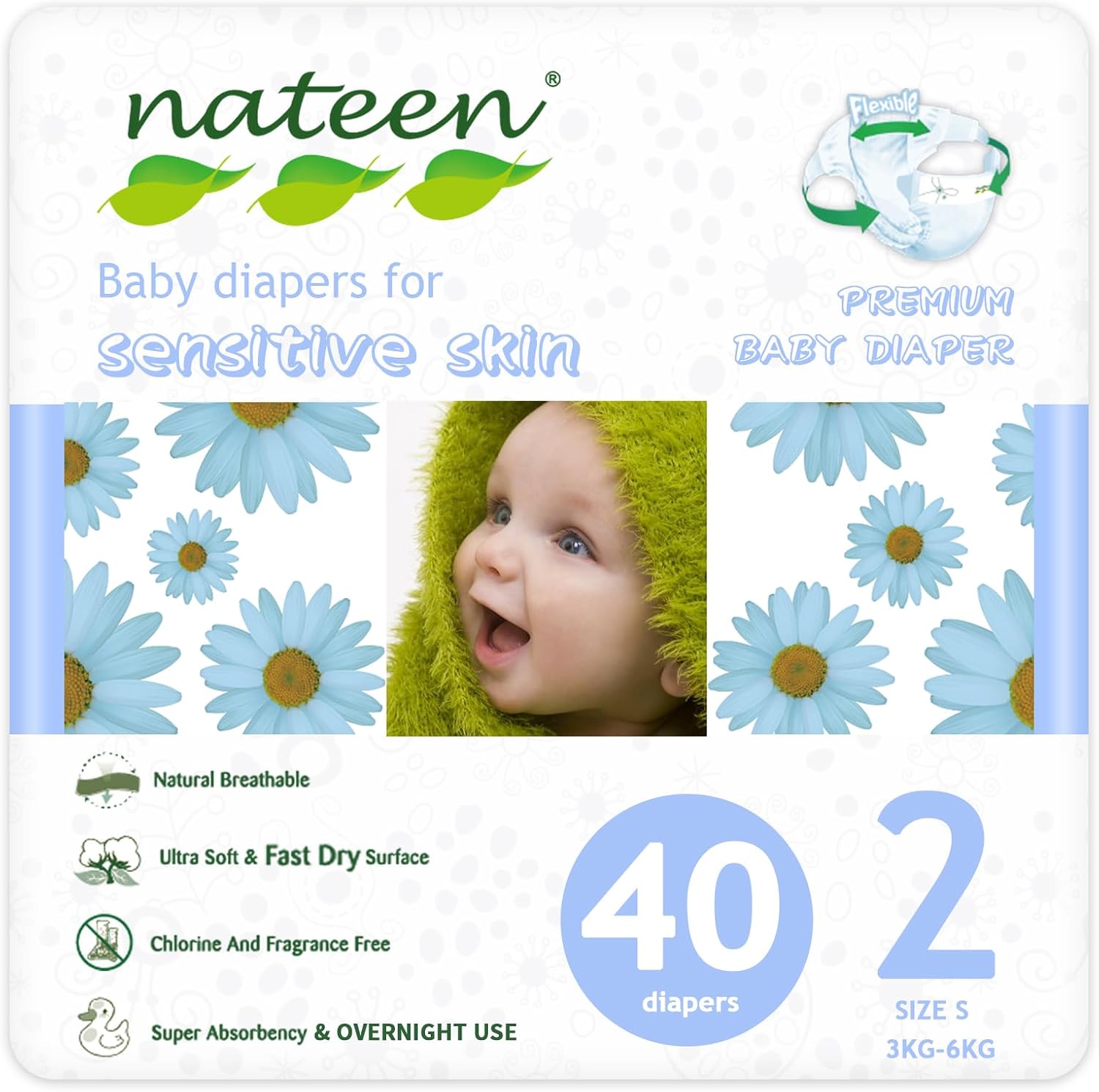 Nateen Premium Baby Diapers, Overnight Use Disposable Diapers for Sensitive Skin, Ultra Thin Diapers with Comfortable Fit. Size 2 (Small), 40, Count.