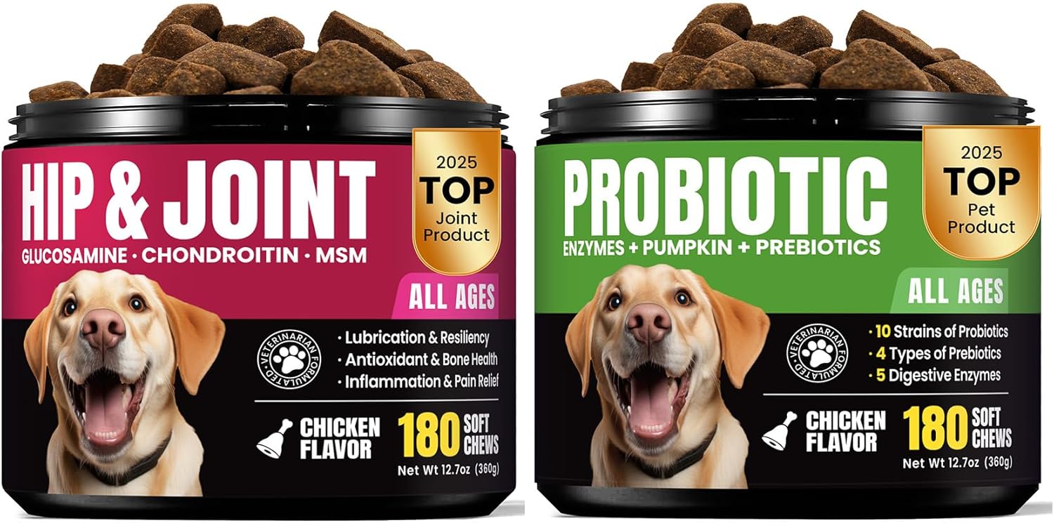 Glucosamine for Dogs Hip and Joint Supplement Chews & Probiotics for Dogs - Dog Probiotics with 5 Enzymes & 4 Prebiotics