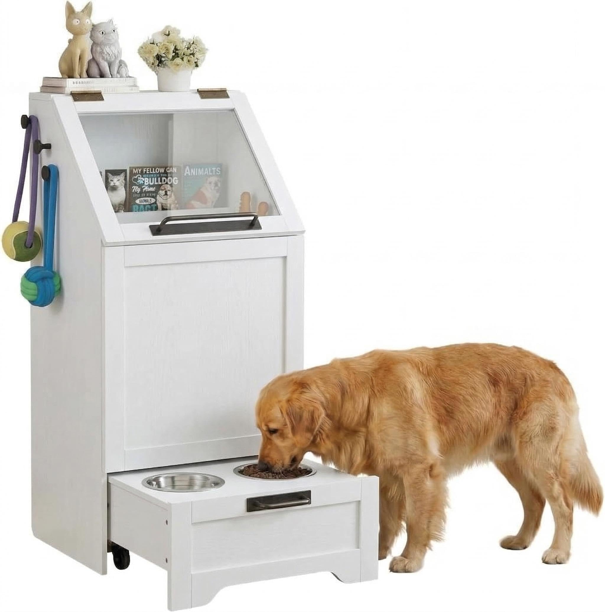 Coffre à Croquettes Blanc, Rangement Nourriture pour Chien | Grand coffre à croquettes en panneau de particules, blanc, 100 x 53 x 14,5 cm. Rangement pour chien à couvercle rabattable.