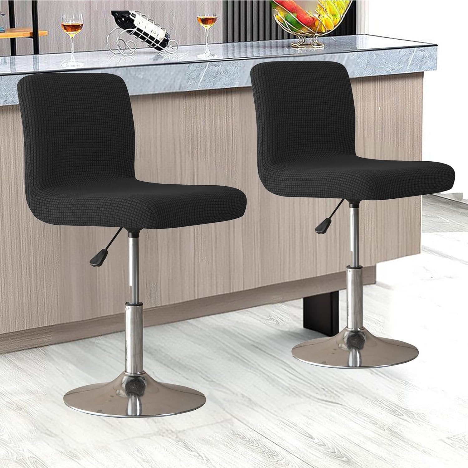 Stretch Bar Stool Covers with Backs, 2/4/6 Pack Pub Counter Stool Chair Covers, Washable Square Swivel Barstool Seat Slipcover for Low Short Back Chair,Black,6PCS