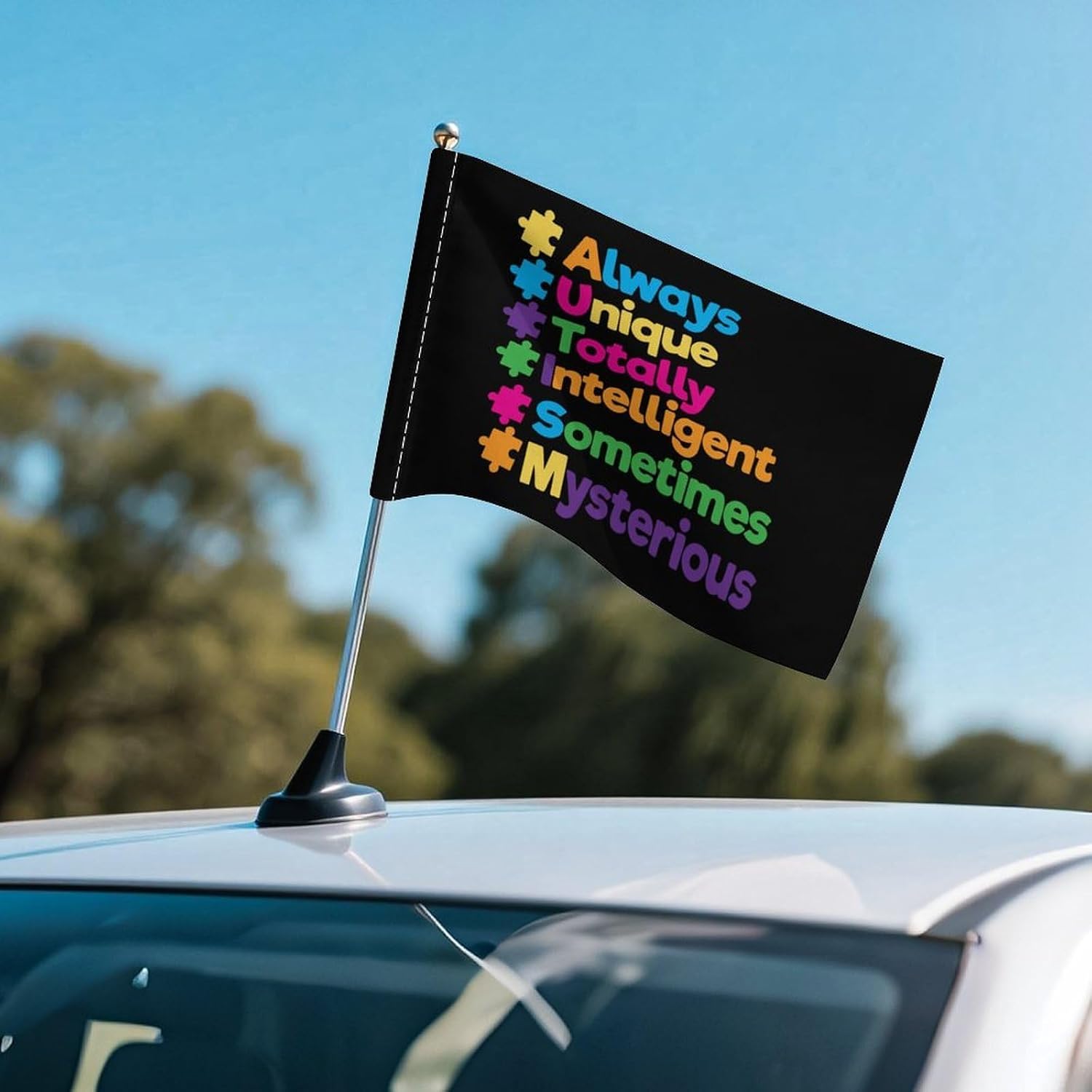 Autism Unique Puzzle Car Flag Polyester Clip Flags Mini Handheld Banners for Auto Outside Travel Decor image 5