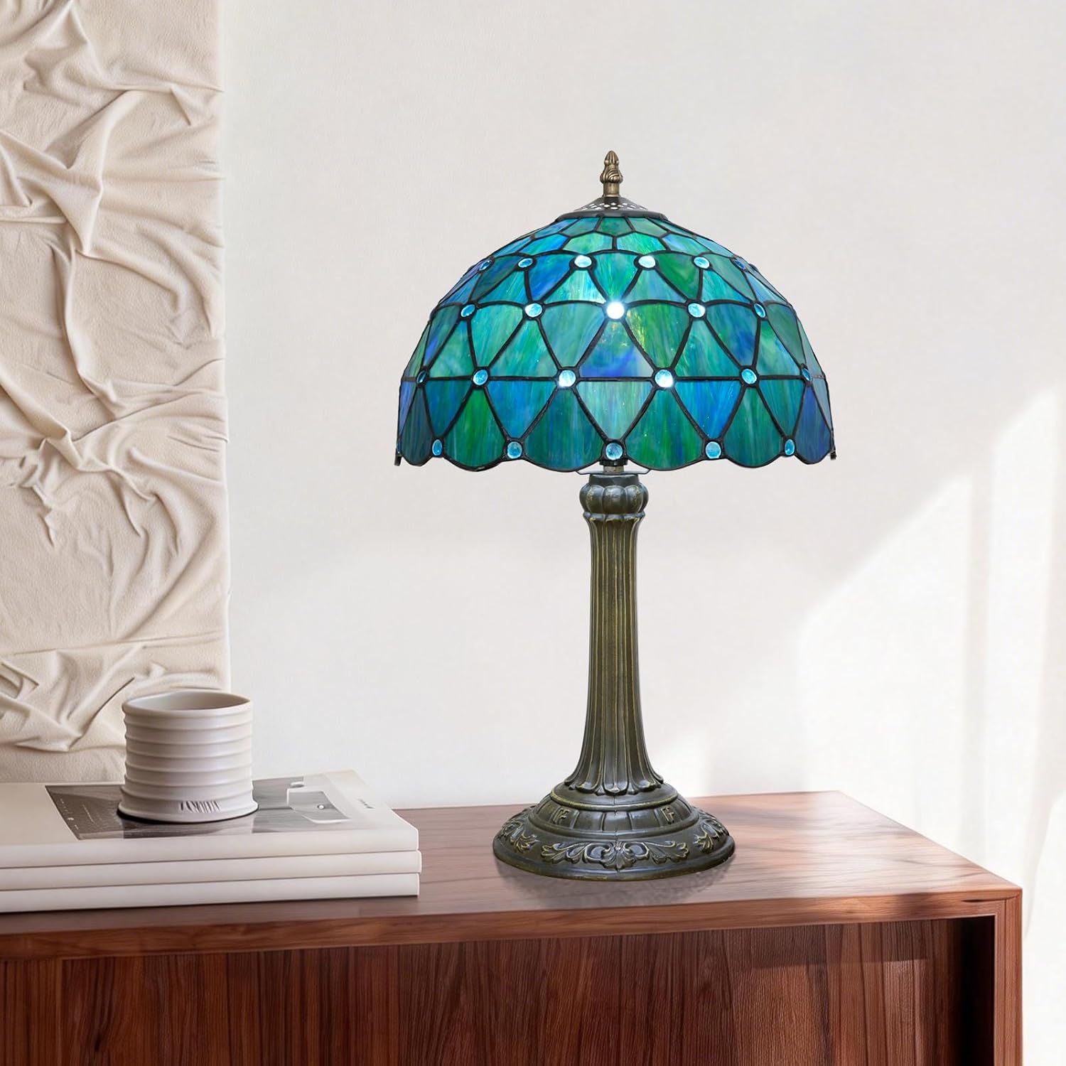 Tiffany Lamp Stained Glass Table Lamp 12X12X18 Inches Sea Blue Style Living Room Bedroom Dorm Kitchen Home Decor Festival Birthday Gift