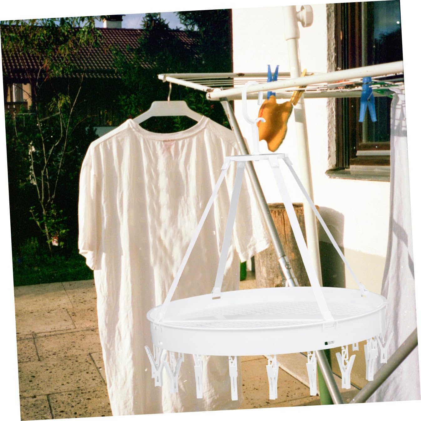 ARTIBETTER Foldable Clothes Drying Rack with 18 Clips for Bras and Socks, White Single-Layer Laundry Hanger, Windproof Design for Balcony and Indoor Use