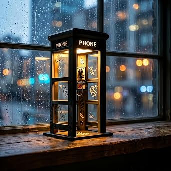 Vintage Phone Booth Ambient Lamp - Retro Vintage Tall Phonebooth Lamp - Soft Warm LED Light - Classic Mini Phonebooth Accent Light - for Bedroom, Home Office, Study, Library Corner Black
