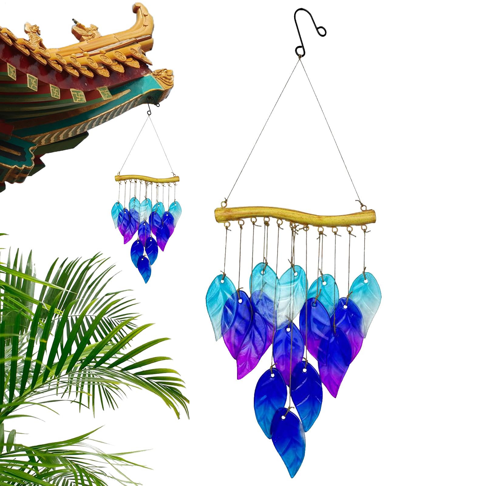 Décoration résistante aux intempéries : carillon à vent en verre bleu