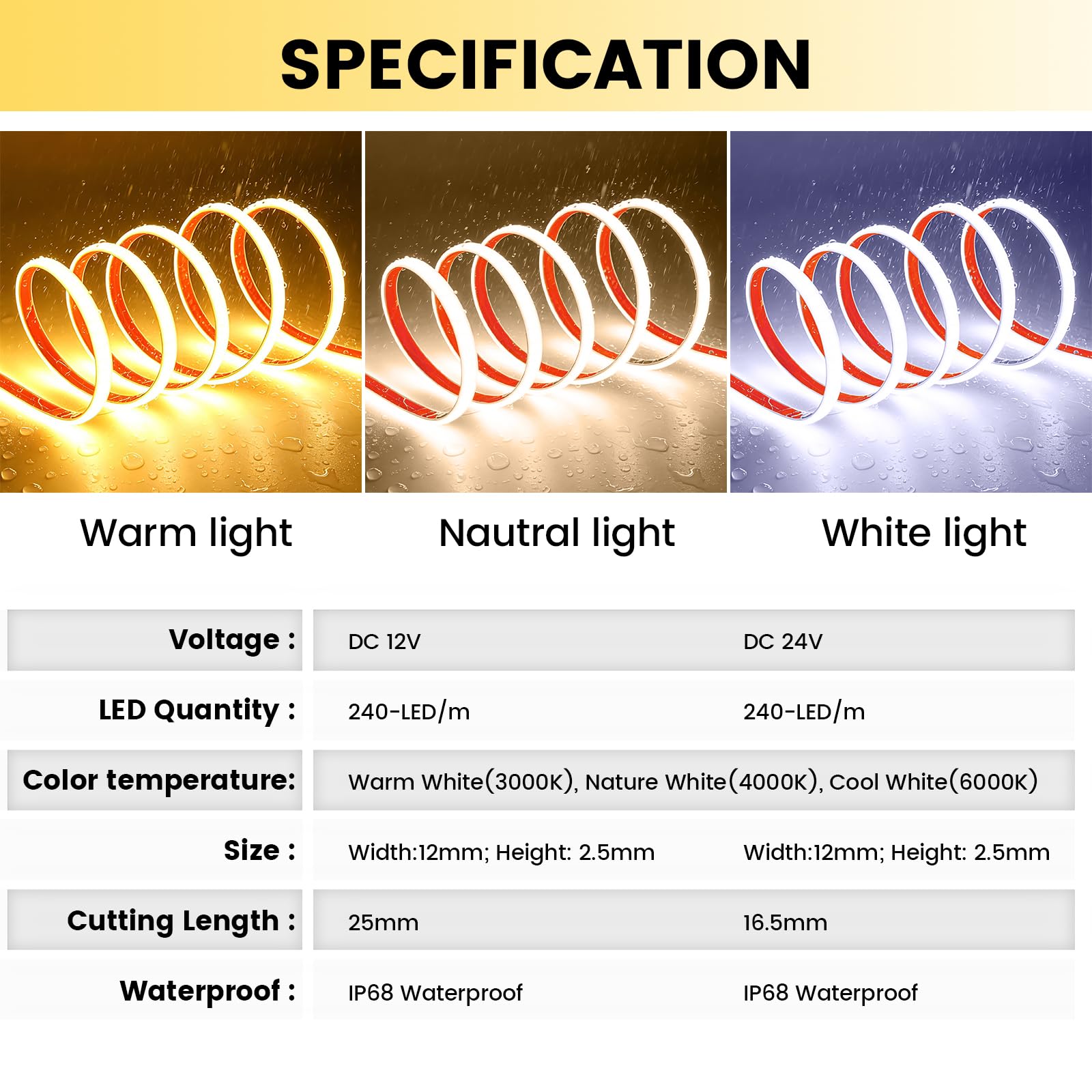 KISUFU 12V LED Streifen Licht, IP68 wasserdicht 2835 SMD 240 LEDs/m CRI90+ Selbstklebend LED Strip mit Stromversorgung für Schlafzimmer, DIY Küche Dekoration.