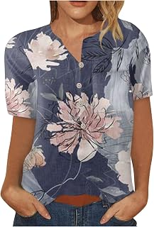 QI_LIANG Oversized Baggy Sleeve Hawaiian Tunic Cozy Home Mother's Day V NEC Print Cotton Cozy Peplum Tunic