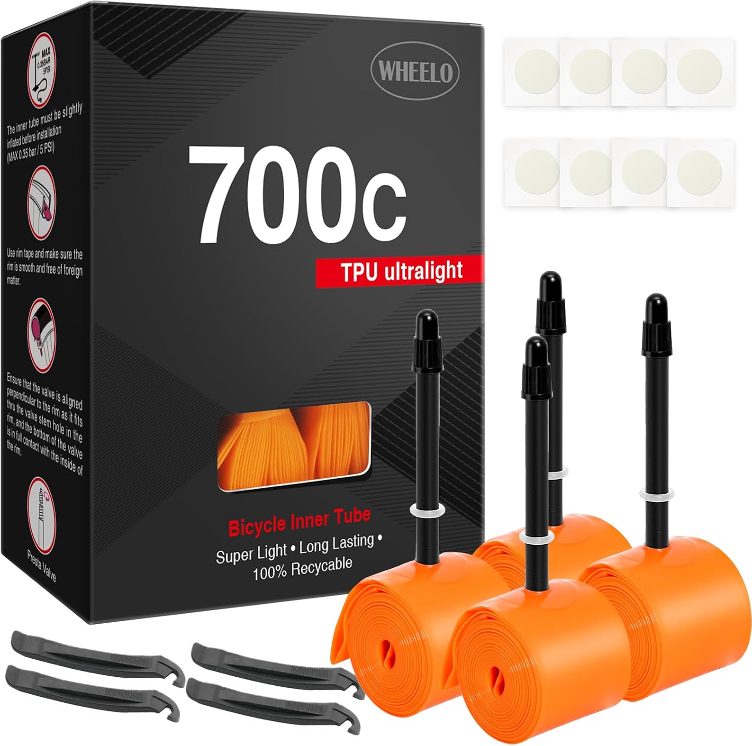WHEELO 4-Pack TPU 700C×18-32C Bike Inner Tube: Lightweight Road Bicycle Tube with 45/65/85mm Presta Valves (Include 8PCS Bike Tube Patch Repair Kit)