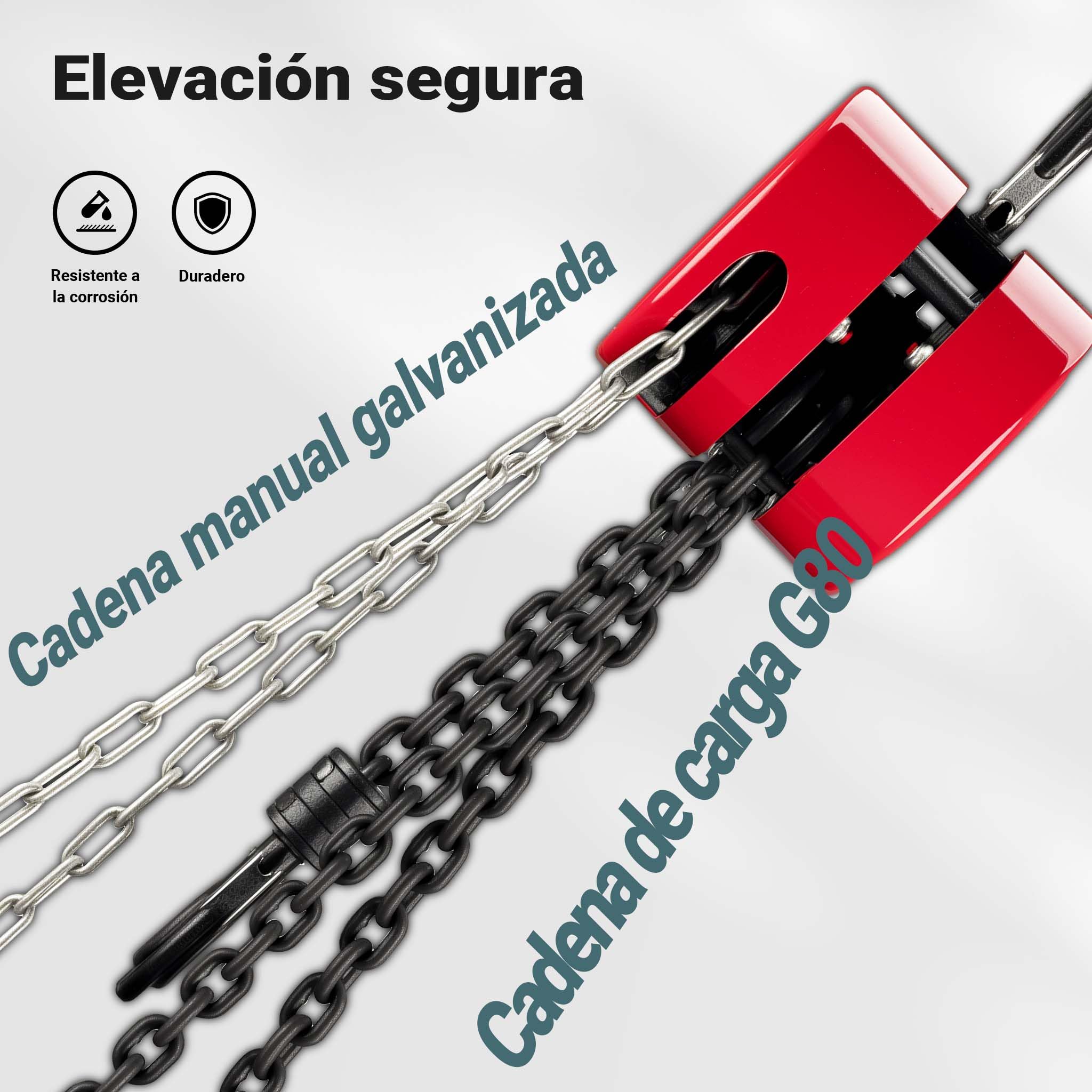 Polipasto manual de cadena 1000kg con cadena 3 m, elevación de cargas forestales, en talleres, etc.