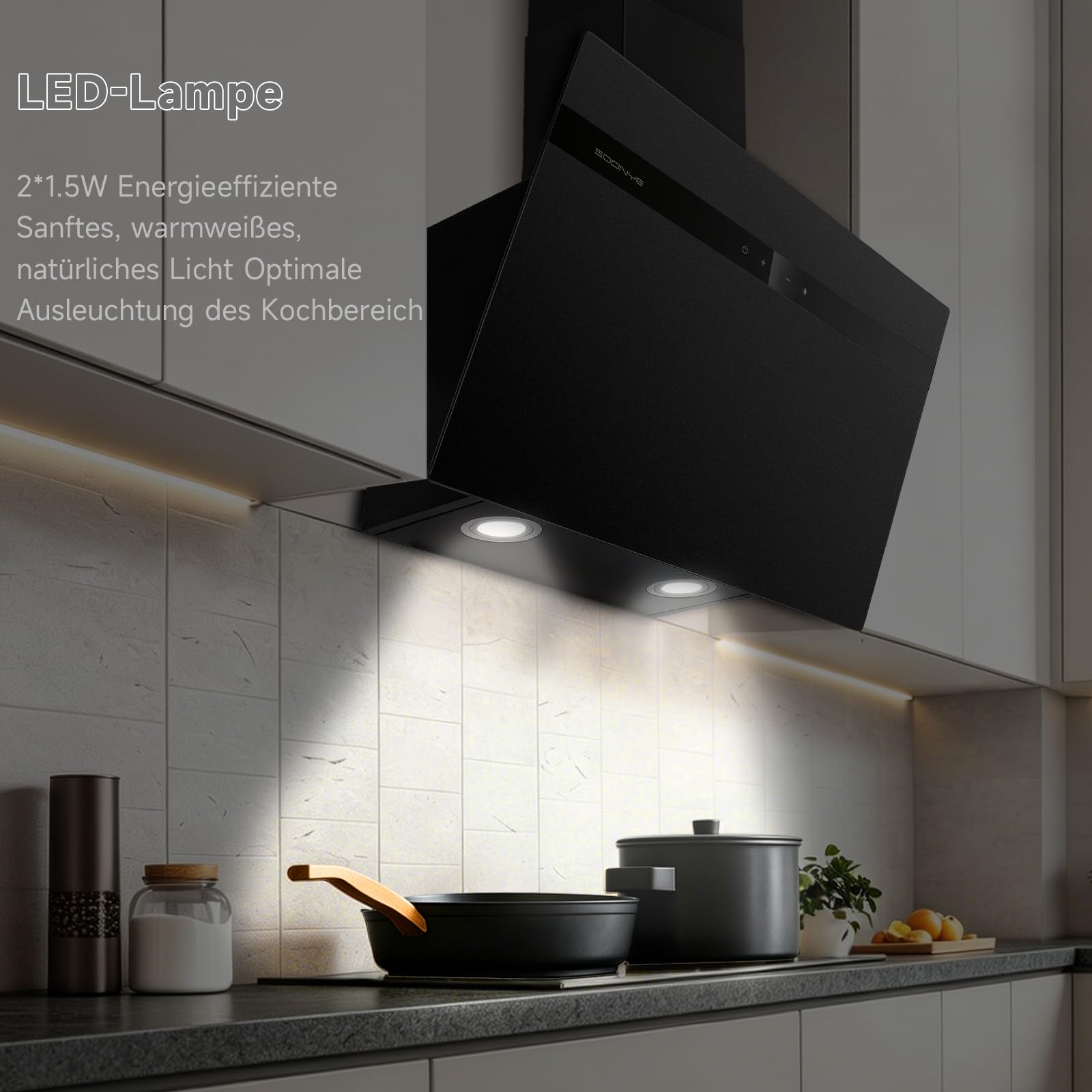 A+++ Dunstabzugshaube 60cm Umluft Kopffrei Schräghaube 380 m³/h Gestensteuerung Touchscreen Abluft Wandmontage Schwarz Mattglas