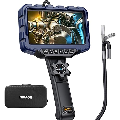 NIDAGE 7'' IPS Two-Way Articulating Borescope 0.24in Endoscope Camera with Light Flexible Inspection Camera with Articulated Snake Head, Automotive Mechanics Fiber Optic Scope Cam 5.3FT