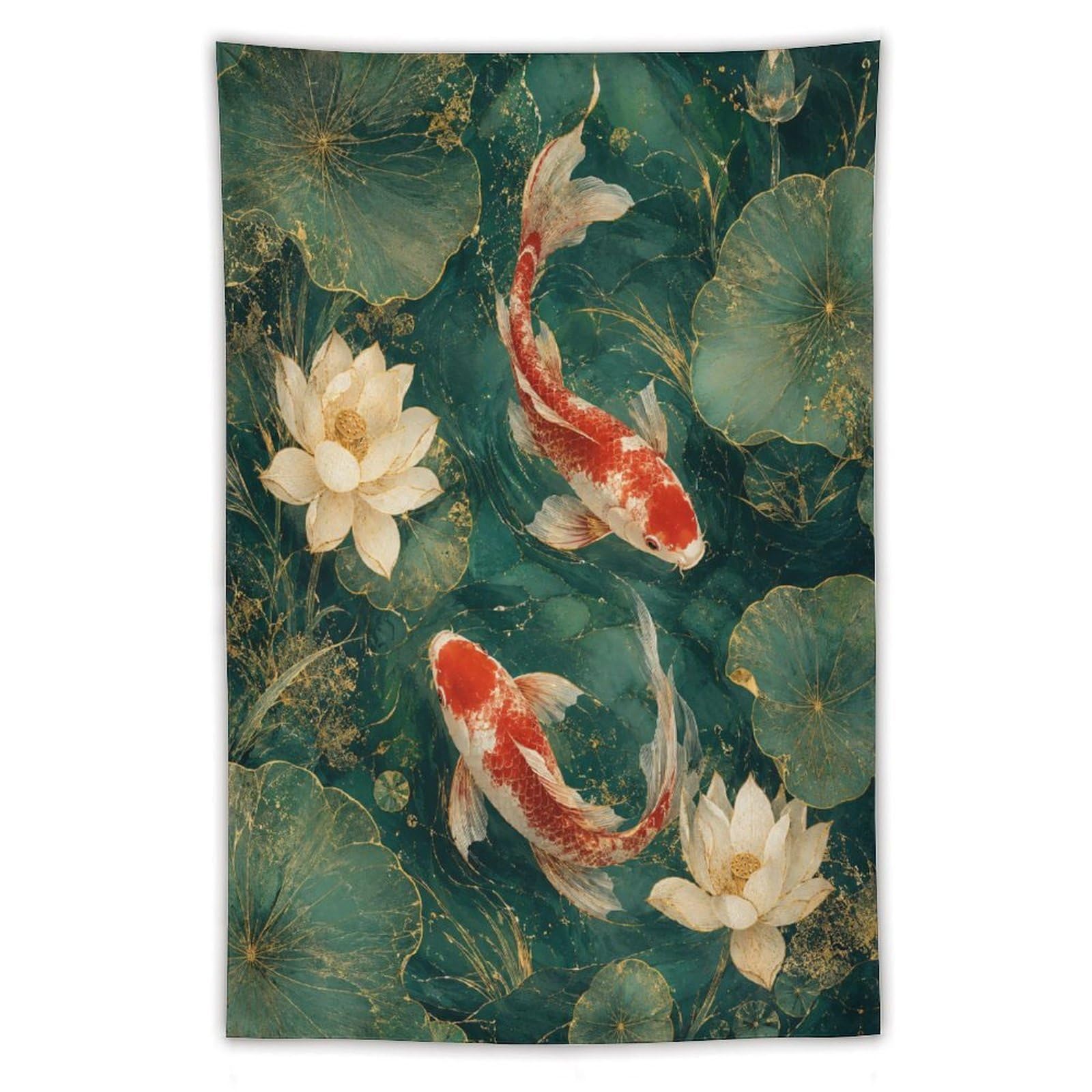 H3B8U2Y5 Koi Fish Lotus Wall Tapestry, Watercolor Style, Tranquil Pond