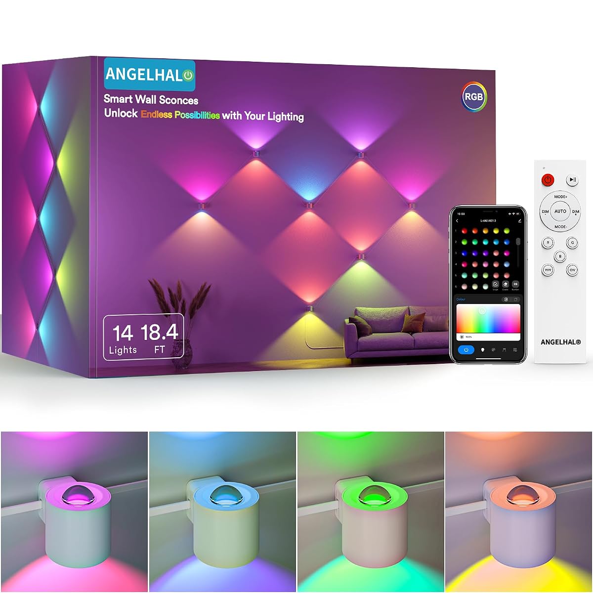 ANGELHALO Smart Wall Sconces, Music Sync LED Lights, 14 Pack, White, Model