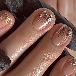 Press on Nails Short Fake Nails Square Acrylic Nails Gold Full Cover Translucent Nails Press ons Glossy Glitter Artificial Nails Petite Stick on Nails for Women 24 Pcs