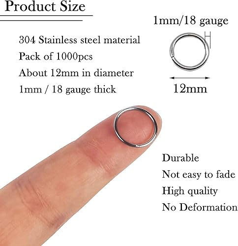 Miniatura 2 de 1000 anillos de acero inoxidable de 0.472 pulgadas, calibre 18, anillos de conexión de un solo bucle cerrados pero sin soldar, anillos de conexión
