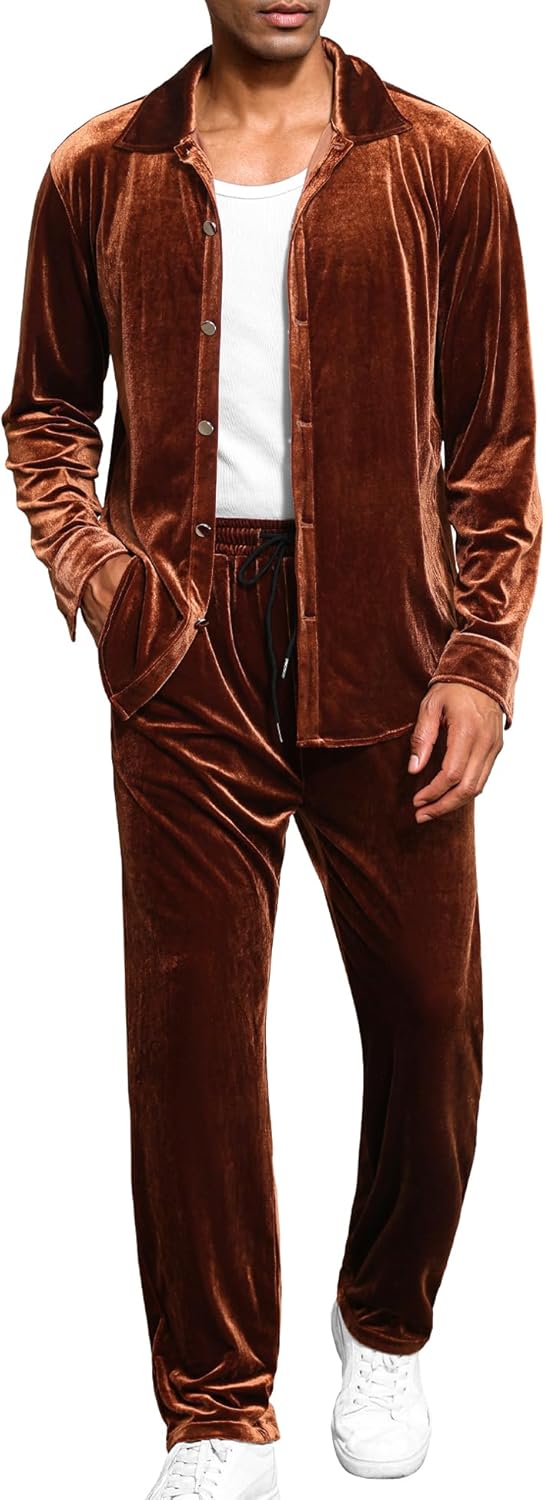 LecGee Men Fall Casual Sets Velvet Long Sleeve Button Down Shirt Elastic Waist Velour Pants 2 Piece Outfits Tracksuit