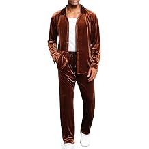 LecGee Men Fall Casual Sets Velvet Long Sleeve Button Down Shirt Elastic Waist Velour Pants 2 Piece Outfits Tracksuit