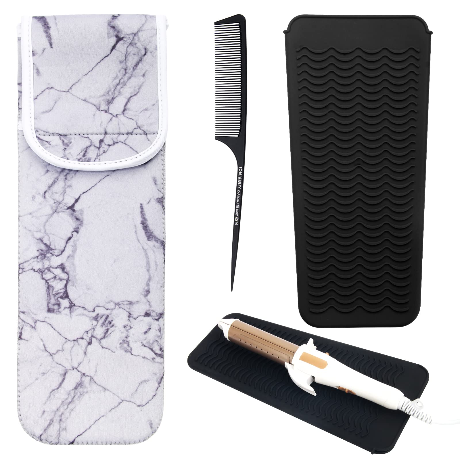 Heat Resistant AngleKai Neoprene Pouch for Curling Iron, Straightener, and Hot Hair Tools - 3 Pack with Comb and Silicone Case