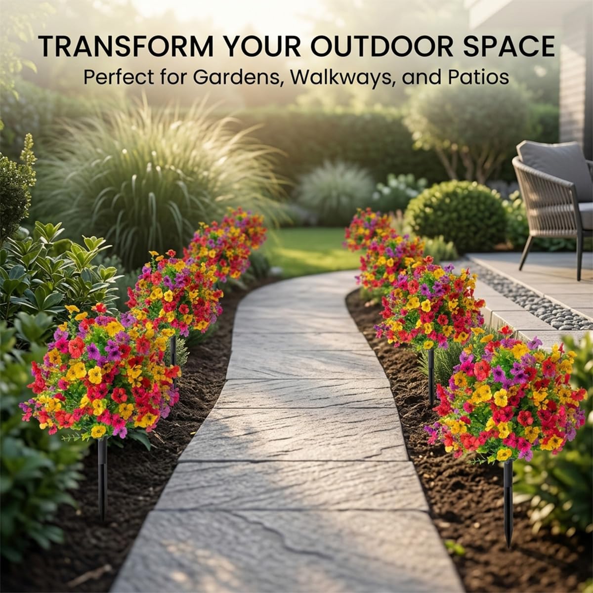 ROVIA Withaffect UV Resistant Artificial Outdoor Flowers: 16" Artificial Flowers for Outdoors - Waterproof Faux Flower Garden Stakes - Spring Decor for Yard Lawn Patio Walkway Porch Home - 4